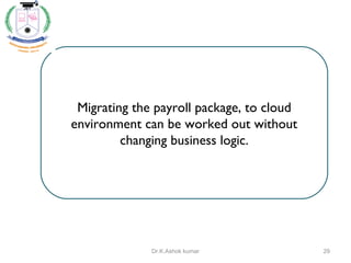 Migrating the payroll package, to cloud
environment can be worked out without
changing business logic.
29Dr.K.Ashok kumar
 
