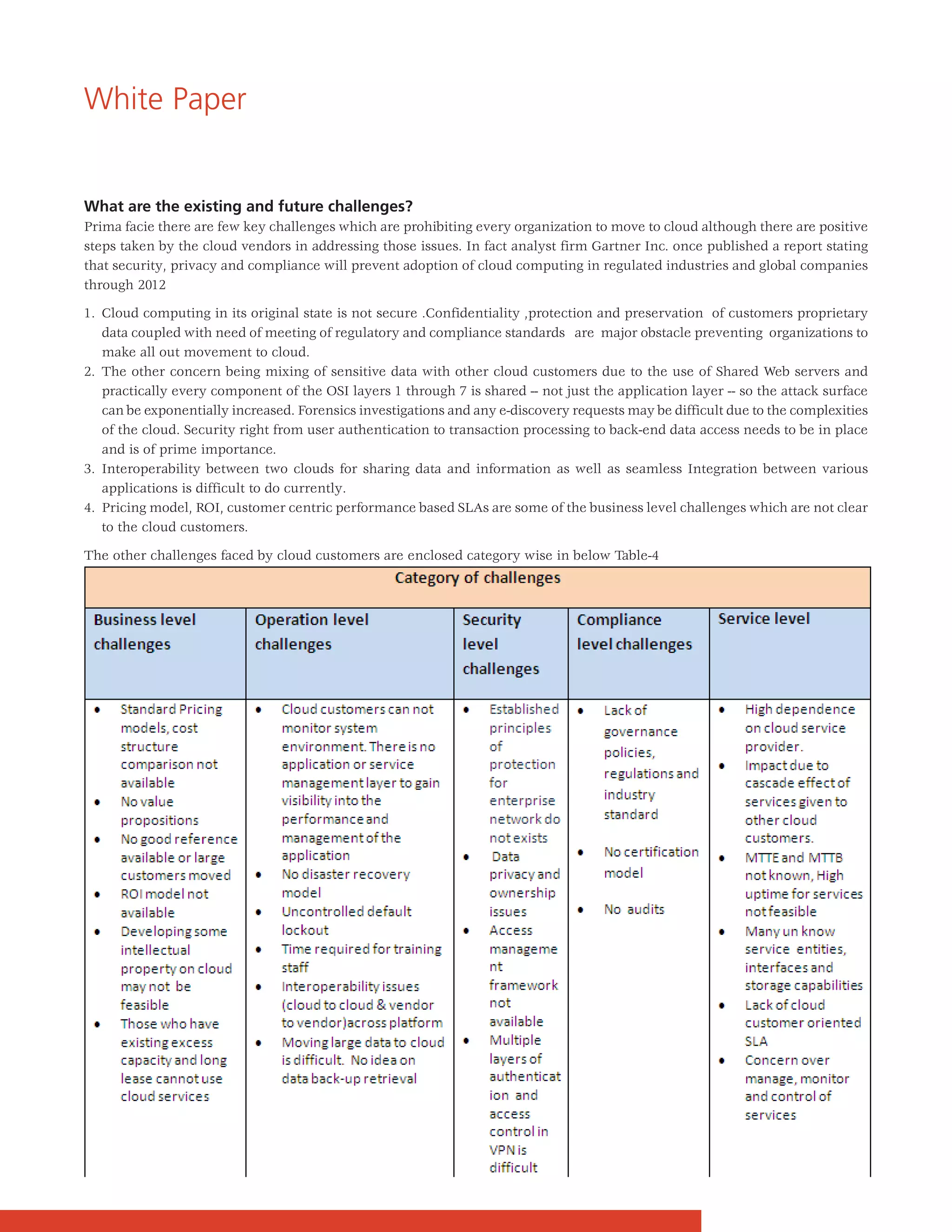 White Paper


What are the existing and future challenges?
Prima facie there are few key challenges which are prohibiting every organization to move to cloud although there are positive
steps taken by the cloud vendors in addressing those issues. In fact analyst firm Gartner Inc. once published a report stating
that security, privacy and compliance will prevent adoption of cloud computing in regulated industries and global companies
through 2012

1. Cloud computing in its original state is not secure .Confidentiality ,protection and preservation of customers proprietary
   data coupled with need of meeting of regulatory and compliance standards are major obstacle preventing organizations to
   make all out movement to cloud.
2. The other concern being mixing of sensitive data with other cloud customers due to the use of Shared Web servers and
   practically every component of the OSI layers 1 through 7 is shared -- not just the application layer -- so the attack surface
   can be exponentially increased. Forensics investigations and any e-discovery requests may be difficult due to the complexities
   of the cloud. Security right from user authentication to transaction processing to back-end data access needs to be in place
   and is of prime importance.
3. Interoperability between two clouds for sharing data and information as well as seamless Integration between various
   applications is difficult to do currently.
4. Pricing model, ROI, customer centric performance based SLAs are some of the business level challenges which are not clear
   to the cloud customers.

The other challenges faced by cloud customers are enclosed category wise in below Table-4
 