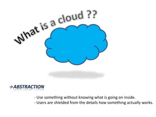 What is a cloud ?? Abstraction- Use something without knowing what is going on inside.- Users are shielded from the details how something actually works.