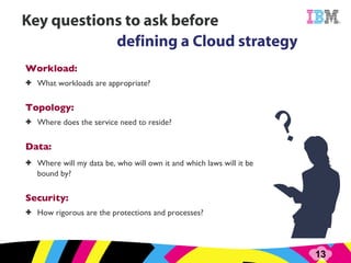 Workload:  What workloads are appropriate? Topology:  Where does the service need to reside? Data:   Where will my data be, who will own it and which laws will it be bound by? Security:  How rigorous are the protections and processes? ? 