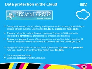 Prepare for looming natural disaster, Hurricane Frances in 2004 post crisis, integrate  on-demand  data protection best practices into business Secure  and  protect  3 years of business critical and archive data in less than  48  hours to a disaster recovery site several hundred miles from the danger zone Biscayne Aquaculture is an industry leading construction company specialising in aquatic filtration systems. Clients includes  Zoo’s, resorts  and  water parks Using IBM’s Information Protection Service, Biscayne  uploaded  and  protected  data in a  matter of hours; today they protect over  145 GBs   Corporate  piece of mind Business  continuity  milestone reached. IBM 
