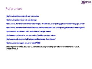 References http://en.wikipedia.org/wiki/Cloud_computing http://en.wikipedia.org/wiki/Cloud_Storage http://www.authorstream.com/Presentation/raghavi-172506-cloud-computing-ppt-science-technology-powerpoint/ http://www.authorstream.com/Presentation/aSGuest15724-168857-cloud-computing-presentation-enter-tags-final-1-education-ppt-powerpoint/ http://www.slideshare.net/checkmark/cloud-computing-1359084 http://www.guardian.co.uk/cloud-computing/what-is-cloud-computing http://www.eucalyptus.com/pdf/whitepapers/Eucalyptus_Overview.pdf http://cloudcomputing.sys-con.com/node/579826 White Paper: Intel® Cloud Builder Guide to Cloud Design and Deployment on Intel® Platforms - Ubuntu Enterprise Cloud 