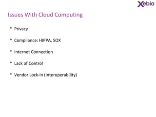 Issues With Cloud Computing *  Privacy *  Compliance: HIPPA, SOX *  Internet Connection *  Lack of Control *  Vendor Lock-In (Interoperability) 