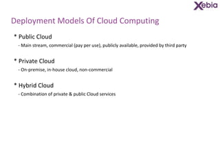 Deployment Models Of Cloud Computing * Public Cloud - Main stream, commercial (pay per use), publicly available, provided ...