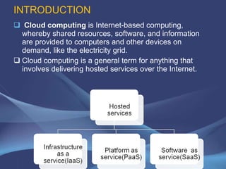 INTRODUCTION  Cloud computing  is Internet-based computing, whereby shared resources, software, and information are provided to computers and other devices on demand, like the electricity grid. Cloud computing is a general term for anything that involves delivering hosted services over the Internet. 