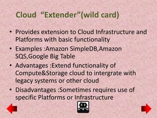 Cloud “Extender”(wild card)
• Provides extension to Cloud Infrastructure and
  Platforms with basic functionality
• Examples :Amazon SimpleDB,Amazon
  SQS,Google Big Table
• Advantages :Extend functionality of
  Compute&Storage cloud to intergrate with
  legacy systems or other cloud
• Disadvantages :Sometimes requires use of
  specific Platforms or Infrastructure
 