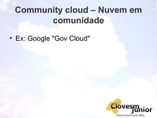 Community cloud – Nuvem em
comunidade
• Ex: Google "Gov Cloud"
 