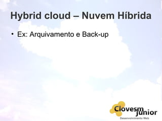 Hybrid cloud – Nuvem Híbrida
• Ex: Arquivamento e Back-up
 