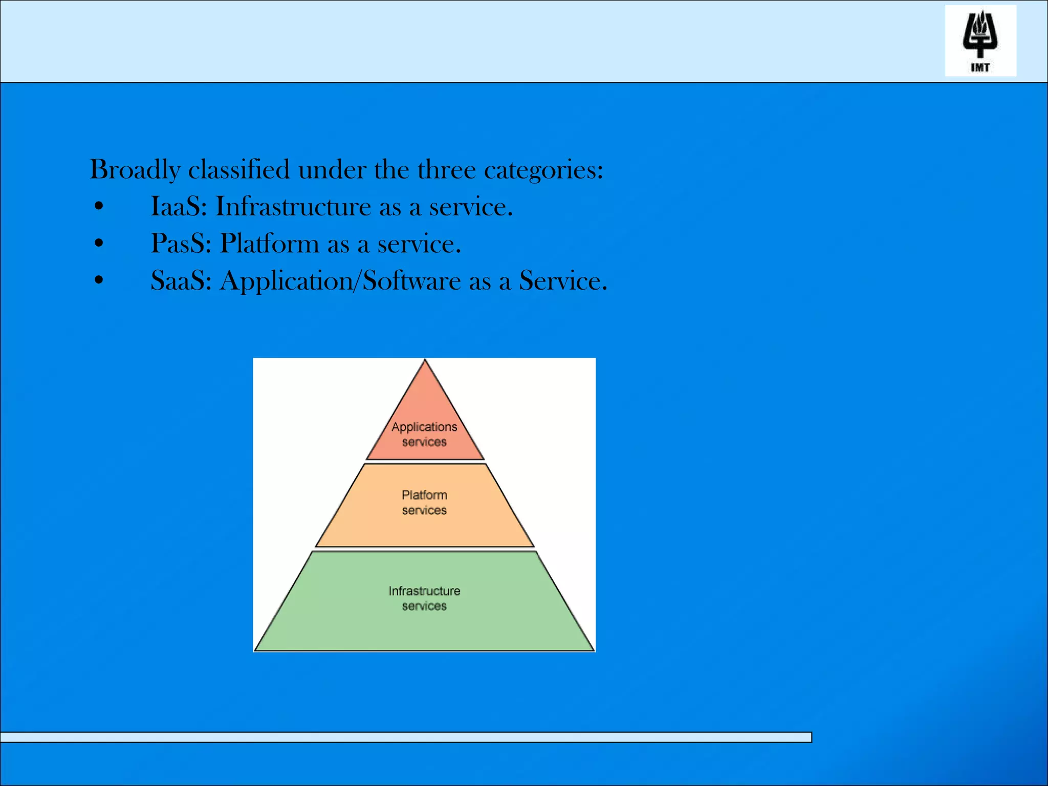 Broadly classified under the three categories: IaaS: Infrastructure as a service. PasS: Platform as a service. SaaS: Application/Software as a Service. 