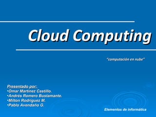 Cloud Computing “ computación en nube” ,[object Object],[object Object],[object Object],[object Object],[object Object],Elementos de informática 
