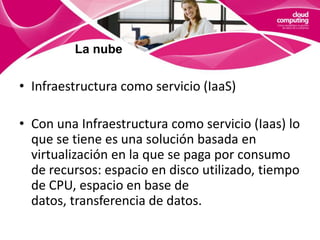 La nubePlataforma como servicio (PaaS)Con PaaS, los desarrolladores pueden construir aplicaciones web sin tener que instalar ninguna herramienta adicional en sus computadoras, y luego despliegan estas aplicaciones sin necesidad de tener ningún conocimiento administrativo especializado. 