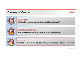 Causes of Concern

      SECURITY:
      Can I safely put corporate data outside my firewall?



      BORDER CONTROLS:
      How do I ensure my data stays where it needs to be?



      LOCK-IN:
      Will I be able to move my data and applications if I decide to move?

                                 17                                Copyright 2010 FUJITSU
 