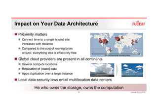 Impact on Your Data Architecture
 Proximity matters
   Connect time to a single hosted site
   increases with distance
   Compared to the cost of moving bytes
   around, everything else is effectively free

 Global cloud providers are present in all continents
   Several compute locations
   Replication of (static) data
   Apps duplication over a large distance

 Local data security laws entail multilocation data centers

             He who owns the storage, owns the computation
                                                 23           Copyright 2010 FUJITSU
 