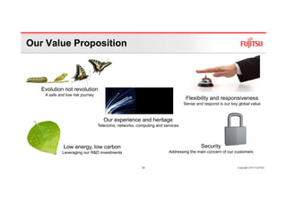 Our Value Proposition



   Evolution not revolution
    A safe and low risk journey
                                                                                Flexibility and responsiveness
                                                                               Sense and respond is our key global value



                                     Our experience and heritage
                                  Telecoms, networks, computing and services




              Low energy, low carbon                                                    Security
             Leveraging our R&D investments                           Addressing the main concern of our customers


                                                        34                                                 Copyright 2010 FUJITSU
 