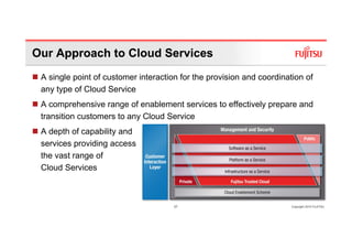 Our Approach to Cloud Services
 A single point of customer interaction for the provision and coordination of
 any type of Cloud Service
 A comprehensive range of enablement services to effectively prepare and
 transition customers to any Cloud Service
 A depth of capability and
 services providing access
 the vast range of
 Cloud Services



                                      37                               Copyright 2010 FUJITSU
 