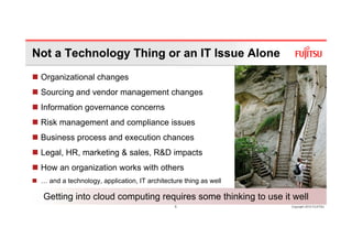 Not a Technology Thing or an IT Issue Alone
 Organizational changes
 Sourcing and vendor management changes
 Information governance concerns
 Risk management and compliance issues
 Business process and execution chances
 Legal, HR, marketing & sales, R&D impacts
 How an organization works with others
 … and a technology, application, IT architecture thing as well

 Getting into cloud computing requires some thinking to use it well
                                               5                  Copyright 2010 FUJITSU
 