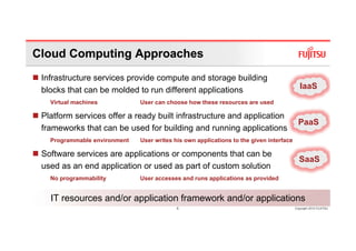 Cloud Computing Approaches
 Infrastructure services provide compute and storage building
 blocks that can be molded to run different applications                                   IaaS
   Virtual machines           User can choose how these resources are used

 Platform services offer a ready built infrastructure and application
                                                                                          PaaS
 frameworks that can be used for building and running applications
   Programmable environment   User writes his own applications to the given interface

 Software services are applications or components that can be
                                                                                          SaaS
 used as an end application or used as part of custom solution
   No programmability         User accesses and runs applications as provided


   IT resources and/or application framework and/or applications
                                           6                                            Copyright 2010 FUJITSU
 
