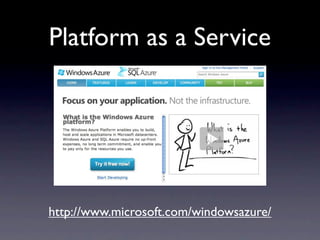Platform as a Service




http://www.microsoft.com/windowsazure/
 