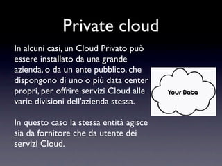 Private cloud
In alcuni casi, un Cloud Privato può
essere installato da una grande
azienda, o da un ente pubblico, che
dispongono di uno o più data center
propri, per offrire servizi Cloud alle
varie divisioni dell'azienda stessa.

In questo caso la stessa entità agisce
sia da fornitore che da utente dei
servizi Cloud.
 