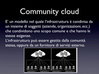 Community cloud
E’ un modello nel quale l’infrastruttura è condivisa da
un insieme di soggetti (aziende, organizzazioni, ecc.)
che condividono uno scopo comune e che hanno le
stesse esigenze.
L’infrastruttura può essere gestita dalla comunità
stessa, oppure da un fornitore di servizi esterno.
 