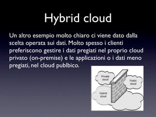 Hybrid cloud
Un altro esempio molto chiaro ci viene dato dalla
scelta operata sui dati. Molto spesso i clienti
preferiscono gestire i dati pregiati nel proprio cloud
privato (on-premise) e le applicazioni o i dati meno
pregiati, nel cloud publbico.
 