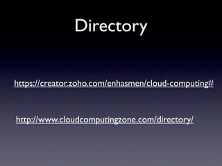 Directory


https://creator.zoho.com/enhasmen/cloud-computing#



http://www.cloudcomputingzone.com/directory/
 