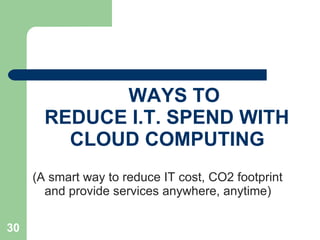 WAYS TO REDUCE I.T. SPEND WITH   CLOUD COMPUTING (A smart way to reduce IT cost, CO2 footprint and provide services anywhere, anytime) 