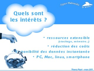 Quels sont les intérêts ? ressources extensible  (stockage, mémoire…)  réduction des coûts disponibilité des données instantanée PC, Mac, linux, smartphone 