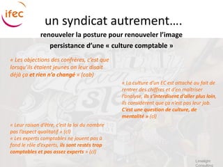 un syndicat autrement….
              renouveler la posture pour renouveler l’image
                 persistance d’une « culture comptable »
« Les objections des confrères, c’est que
lorsqu’ils étaient jeunes on leur disait
déjà ça et rien n’a changé » (cab)
                                               « La culture d’un EC est attaché au fait de
                                               rentrer des chiffres et d’en maîtriser
                                               l’analyse, ils s’interdisent d’aller plus loin,
                                               ils considèrent que ça n’est pas leur job.
                                               C’est une question de culture, de
                                               mentalité » (cl)
« Leur raison d’être, c’est la loi du nombre
pas l’aspect qualitatif » (cl)
« Les experts comptables ne jouent pas à
fond le rôle d’experts, ils sont restés trop
comptables et pas assez experts » (cl)
                                                                                   Limelight
                                                                                   Consulting
 