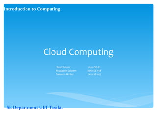 Cloud Computing Basit Munir 2k10-SE-81 Mudassir Saleem 2k10-SE-138 Saleem Akhter 2k10-SE-147 Introduction to Computing SE Department UET Taxila. 