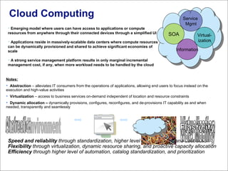 Cloud Computing Notes: Abstraction  – alleviates IT consumers from the operations of applications, allowing end users to focus instead on the execution and high-value activities Virtualization  – access to business services on-demand independent of location and resource constraints Dynamic allocation –  dynamically provisions, configures, reconfigures, and de-provisions IT capability as and when needed, transparently and seamlessly Speed and reliability  through standardization, higher level of automation, and abstraction Flexibility  through virtualization, dynamic resource sharing, and proactive capacity allocation Efficiency  through higher level of automation, catalog standardization, and prioritization Abstraction Current Environment SOA Service  Mgmt Emerging model where users can have access to applications or compute resources from anywhere through their connected devices through a simplified UI Applications reside in massively-scalable data centers where compute resources can be dynamically provisioned and shared to achieve significant economies of scale A strong service management platform results in only marginal incremental management cost, if any, when more workload needs to be handled by the cloud Virtual- ization Information Virtualization Elasticity Work Mobility 
