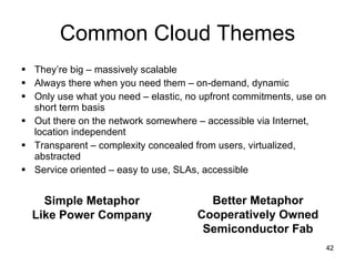 Common Cloud Themes They’re big – massively scalable Always there when you need them – on-demand, dynamic Only use what you need – elastic, no upfront commitments, use on short term basis Out there on the network somewhere – accessible via Internet, location independent Transparent – complexity concealed from users, virtualized, abstracted Service oriented – easy to use, SLAs, accessible Simple Metaphor Like Power Company Better Metaphor Cooperatively Owned Semiconductor Fab 