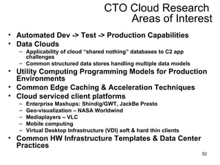 CTO Cloud Research  Areas of Interest Automated Dev -> Test -> Production Capabilities Data Clouds Applicability of cloud “shared nothing” databases to C2 app challenges Common structured data stores handling multiple data models Utility Computing Programming Models for Production Environments Common Edge Caching & Acceleration Techniques Cloud serviced client platforms Enterprise Mashups: Shindig/GWT, JackBe Presto Geo-visualization – NASA Worldwind Mediaplayers – VLC Mobile computing Virtual Desktop Infrastructure (VDI) soft & hard thin clients Common HW Infrastructure Templates & Data Center Practices 