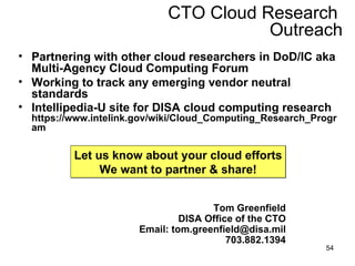 CTO Cloud Research  Outreach Partnering with other cloud researchers in DoD/IC aka Multi-Agency Cloud Computing Forum Working to track any emerging vendor neutral standards Intellipedia-U site for DISA cloud computing research  https://www.intelink.gov/wiki/Cloud_Computing_Research_Program Let us know about your cloud efforts We want to partner & share! Tom Greenfield DISA Office of the CTO Email: tom.greenfield@disa.mil 703.882.1394 