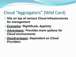 Cloud “Aggregators” (Wild Card)Sits on top of various Cloud Infrastructures for managementExamples: RightScale, AppistryAdvantages: Provides more options for Cloud environmentsDisadvantages: Dependent on Cloud Providers