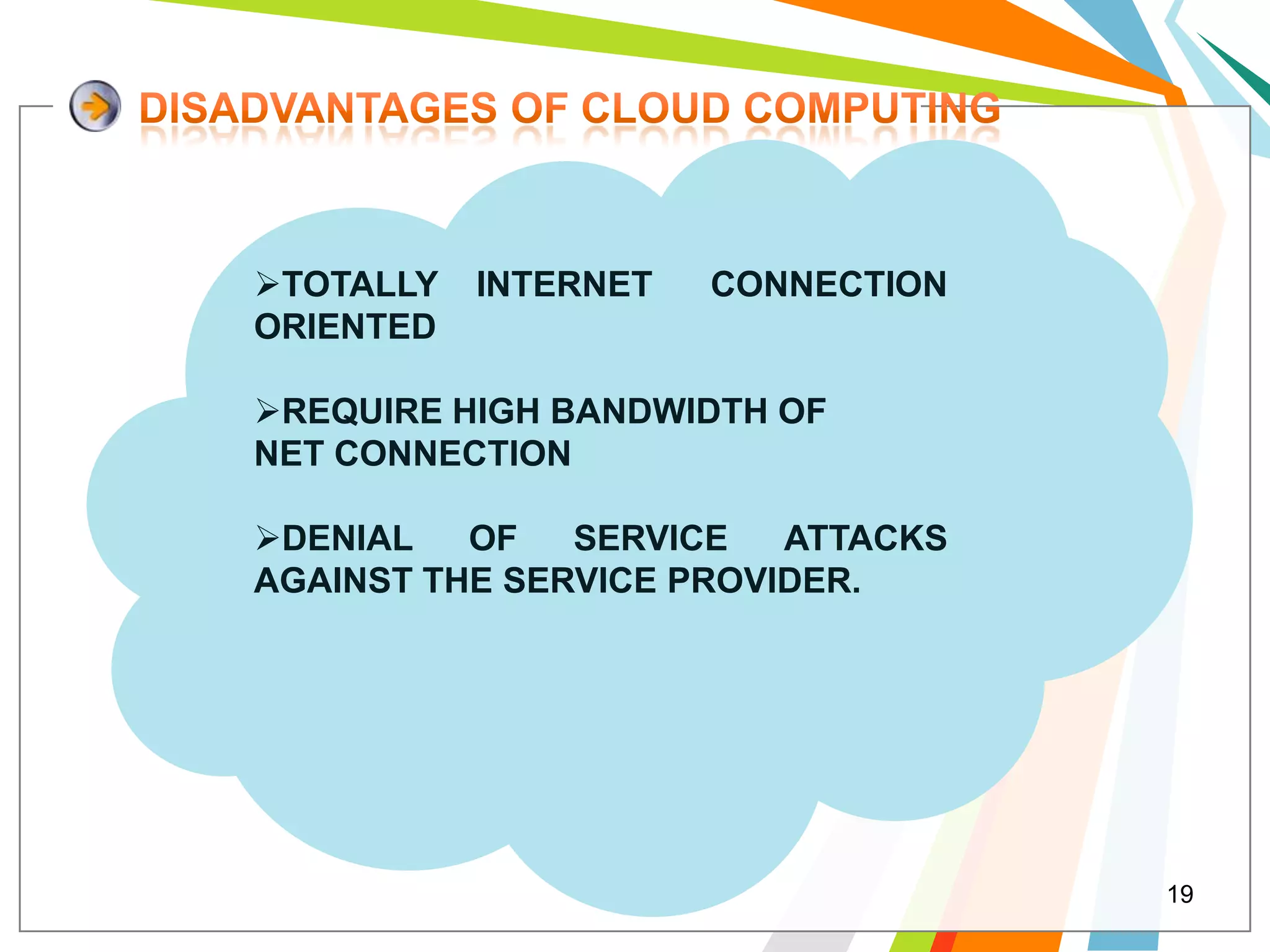 TOTALLY   INTERNET   CONNECTION
ORIENTED

REQUIRE HIGH BANDWIDTH OF
NET CONNECTION

DENIAL   OF   SERVICE   ATTACKS
AGAINST THE SERVICE PROVIDER.




                                   19
 