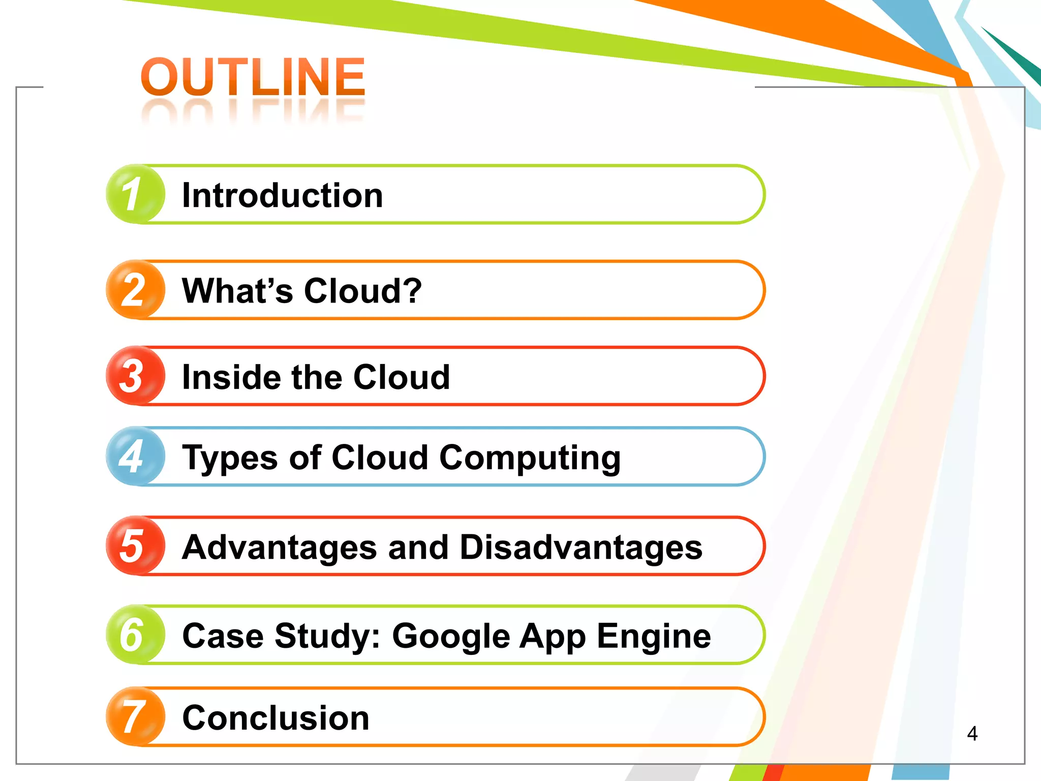 1   Introduction

2   What’s Cloud?

3   Inside the Cloud

4   Types of Cloud Computing

5   Advantages and Disadvantages

6   Case Study: Google App Engine

7   Conclusion                      4
 