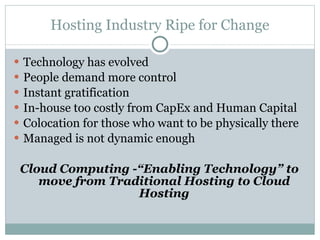 Hosting Industry Ripe for Change Technology has evolved People demand more control Instant gratification In-house too costly from CapEx and Human Capital Colocation for those who want to be physically there Managed is not dynamic enough Cloud Computing -“Enabling Technology” to move from Traditional Hosting to Cloud Hosting 
