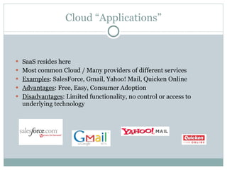 Cloud “Applications” SaaS resides here Most common Cloud / Many providers of different services Examples : SalesForce, Gmail, Yahoo! Mail, Quicken Online Advantages : Free, Easy, Consumer Adoption Disadvantages : Limited functionality, no control or access to underlying technology 
