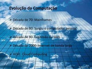 Evolução da Computação

 Década de 70: Mainframes

 Década de 80: Surgiu o computador pessoal

 Década de 90: Expansão da Web

 Década de 2000: Internet de banda larga

 HOJE: Cloud Computing
 