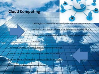 Cloud Computing

                       Utilização da memória e capacidades de armazenamento

                       e cálculo de computadores e servidores compartilhados e

                       interligados, por meio da Internet, em qualquer parte do

                       mundo.

O armazenamento de dados é feito em servidores que

poderão ser acessados de qualquer parte do mundo, a

qualquer hora, não havendo necessidade de instalação

de programas ou de armazenar dados.
 