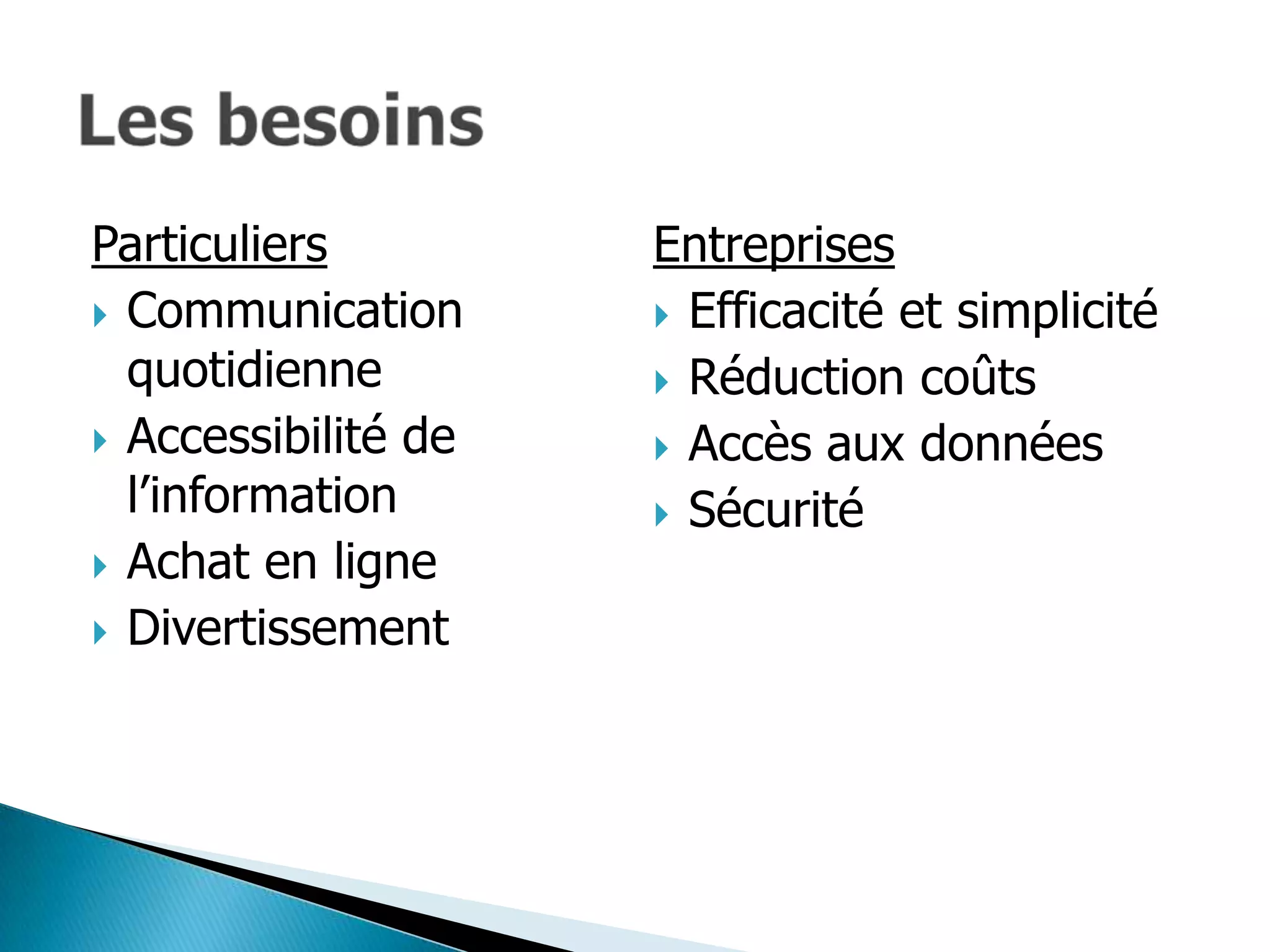 Particuliers         Entreprises
 Communication       Efficacité et simplicité
  quotidienne         Réduction coûts
 Accessibilité de    Accès aux données
  l’information       Sécurité
 Achat en ligne
 Divertissement
 