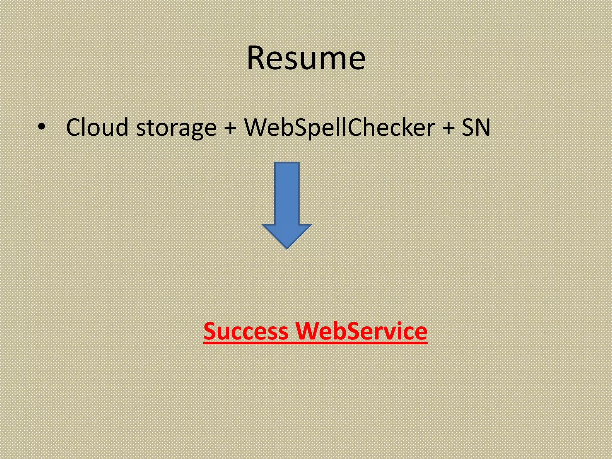 Resume
• Cloud storage + WebSpellChecker + SN




             Success WebService
 