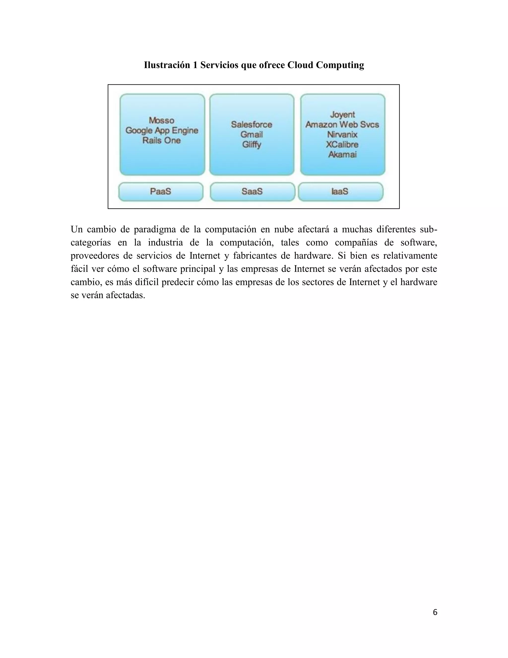 Ilustración 1 Servicios que ofrece Cloud Computing




Un cambio de paradigma de la computación en nube afectará a muchas diferentes sub-
categorías en la industria de la computación, tales como compañías de software,
proveedores de servicios de Internet y fabricantes de hardware. Si bien es relativamente
fácil ver cómo el software principal y las empresas de Internet se verán afectados por este
cambio, es más difícil predecir cómo las empresas de los sectores de Internet y el hardware
se verán afectadas.




                                                                                         6
 