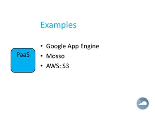 Examples

       • Google App Engine
PaaS   • Mosso
       • AWS: S3
 