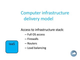 Computer infrastructure
        delivery model

       Access to infrastructure stack:
         – Full OS access
         – Firewalls
IaaS     – Routers
         – Load balancing
 