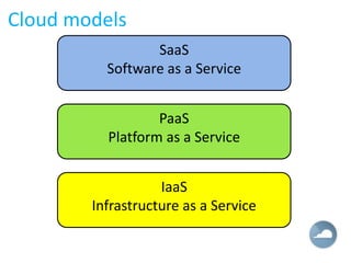 Cloud models
                 SaaS
          Software as a Service


                  PaaS
          Platform as a Service


                   IaaS
        Infrastructure as a Service
 