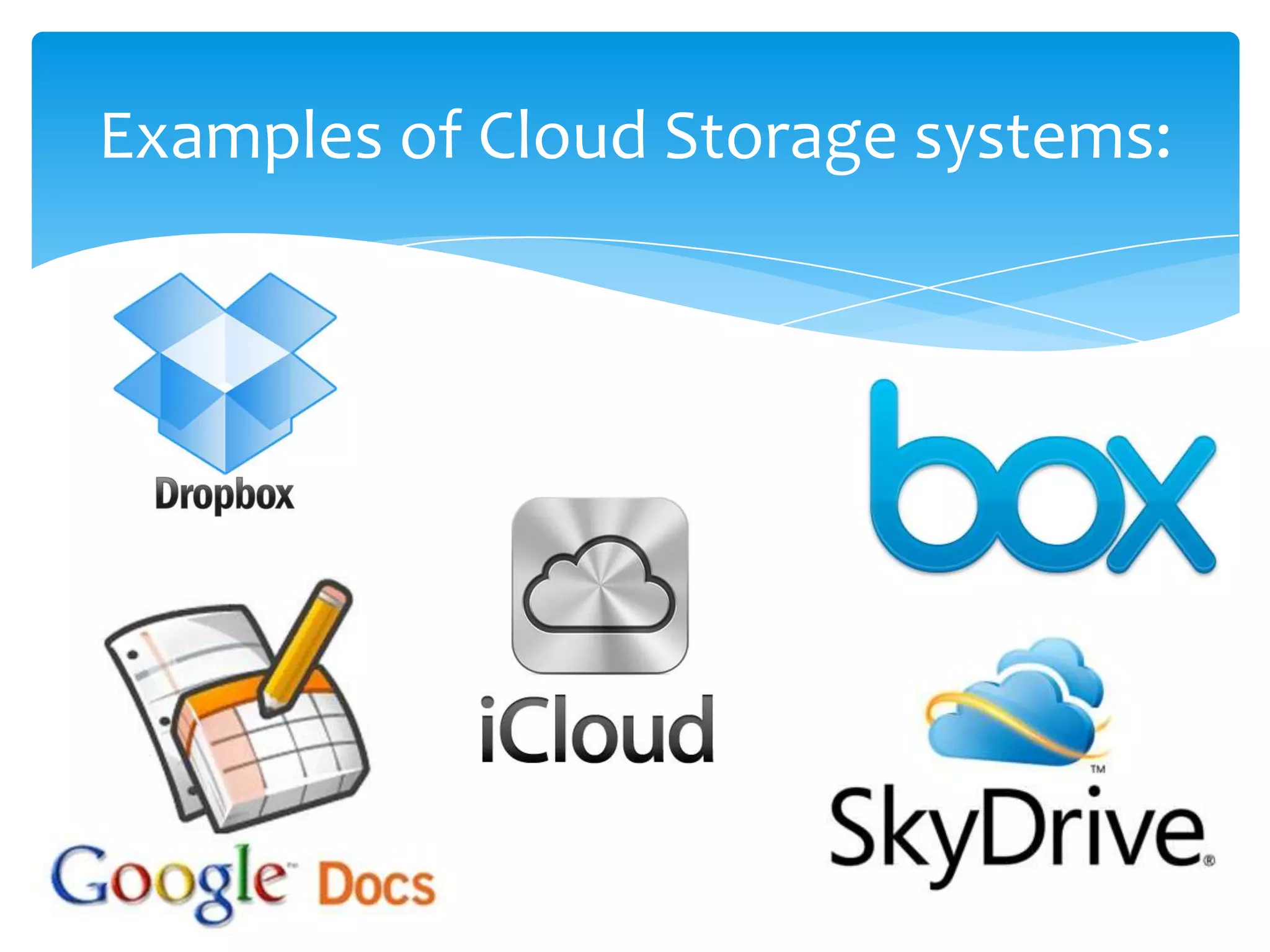 Examples of Cloud Storage systems:
 