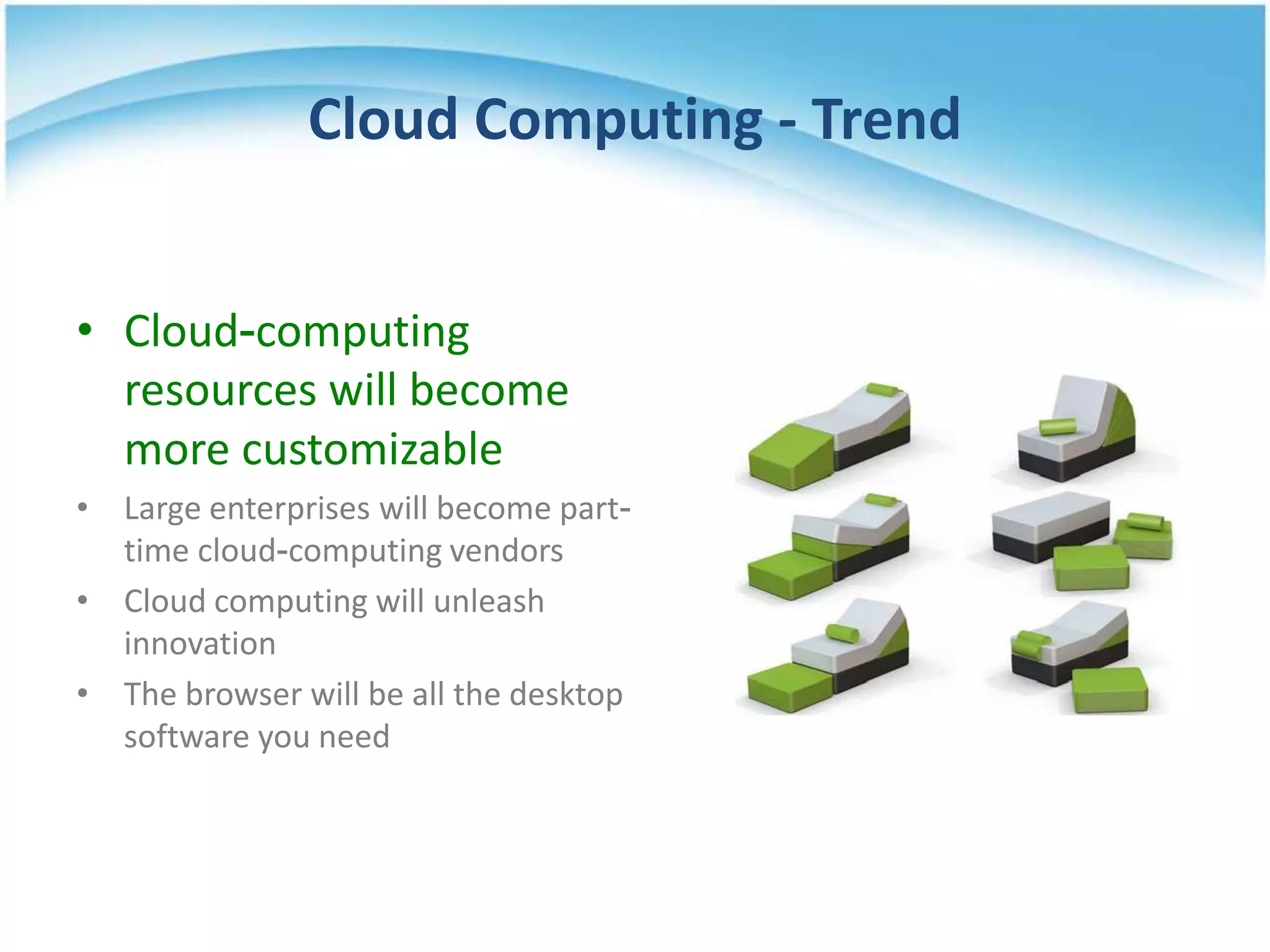 Cloud Computing - Trend


• Cloud-computing
  resources will become
  more customizable
• Large enterprises will become part-
  time cloud-computing vendors
• Cloud computing will unleash
  innovation
• The browser will be all the desktop
  software you need
 