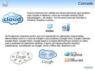 Conceito

                     Outras empresas tem voltado seu desenvolvimento, para projetos
                     mais simples e objetivos, como por exemplo Hosting Cloud
                     (Hospedagem – de dados – Em Nuvens) como por exemplo o
                     4Shared, DropBox e outros.




Já há algumas empresas porém, que vem apostando em aplicações segmentadas
diferenciadas como é o caso do Google e seus produtos (Google Drive, Google Calendar,
Google Wave, Google Notes, Google Apps) e a própria Microsoft que sempre se voltou
para a produção de aplicativos desktop, e agora vem desenvolvendo soluções
colaborativas, semelhantes ao Google, como o Office 365, SkyDrive e etc.
 